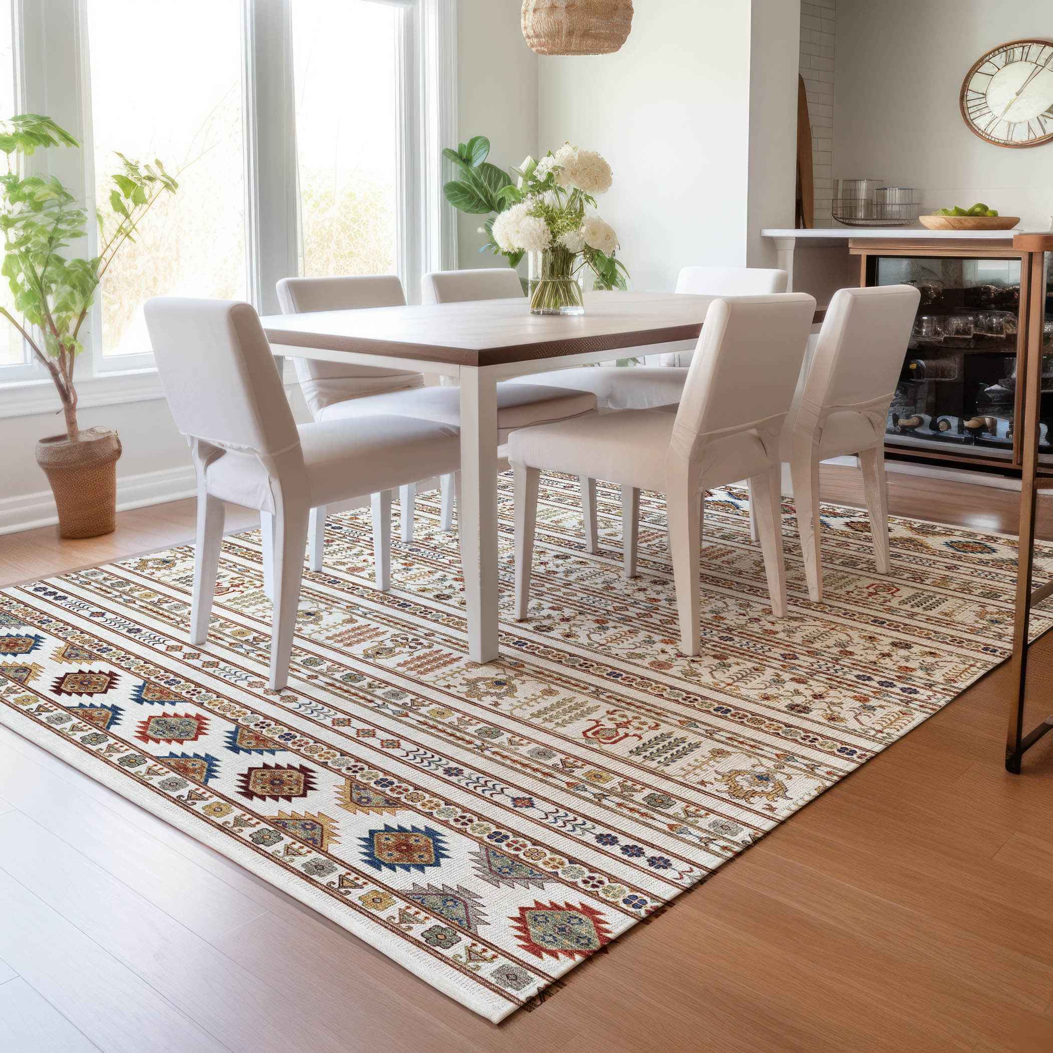 3' X 5' Ivory Blue And Copper Tribal Washable Indoor Outdoor Area Rug