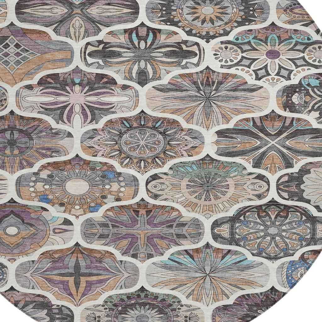 8' Gray Lavender And Ivory Round Quatrefoil Washable Indoor Outdoor Area Rug