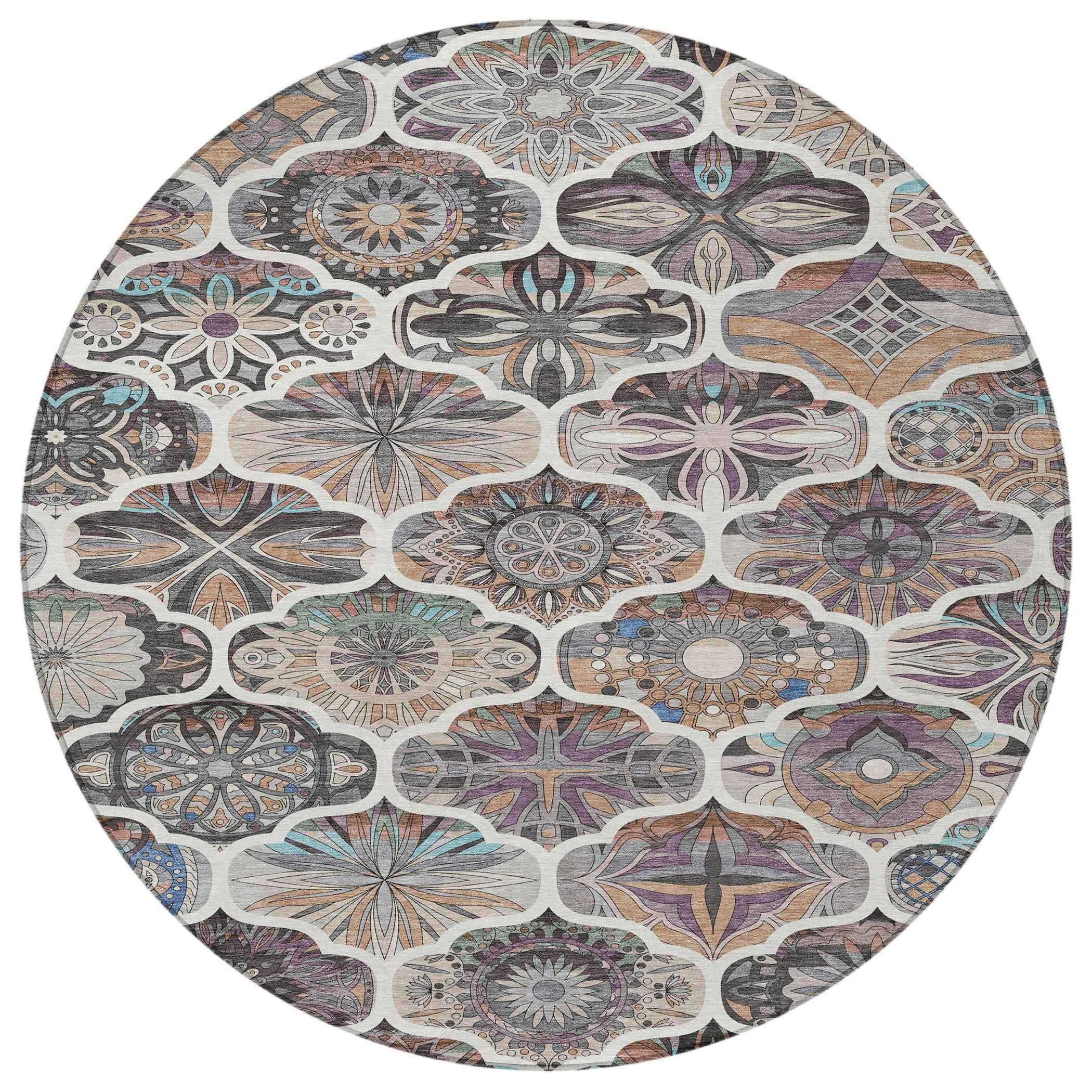 8' Gray Lavender And Ivory Round Quatrefoil Washable Indoor Outdoor Area Rug