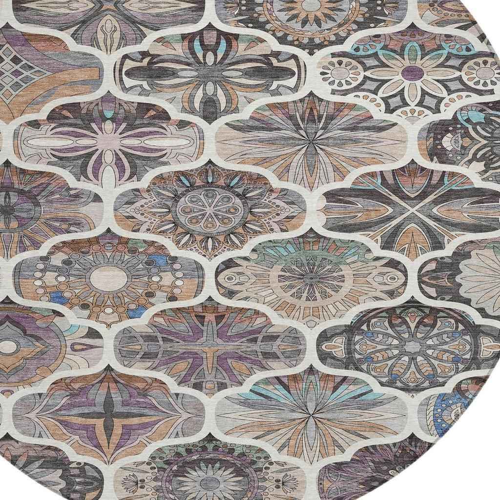 8' Gray Lavender And Ivory Round Quatrefoil Washable Indoor Outdoor Area Rug