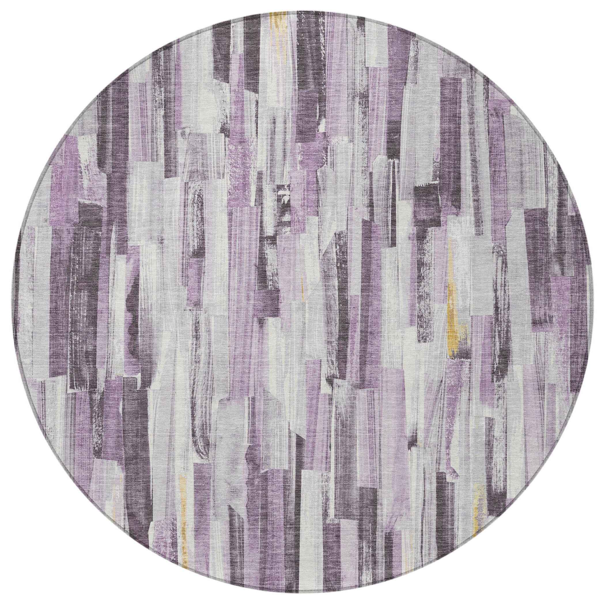 8' Lavender And Ivory Round Striped Washable Indoor Outdoor Area Rug