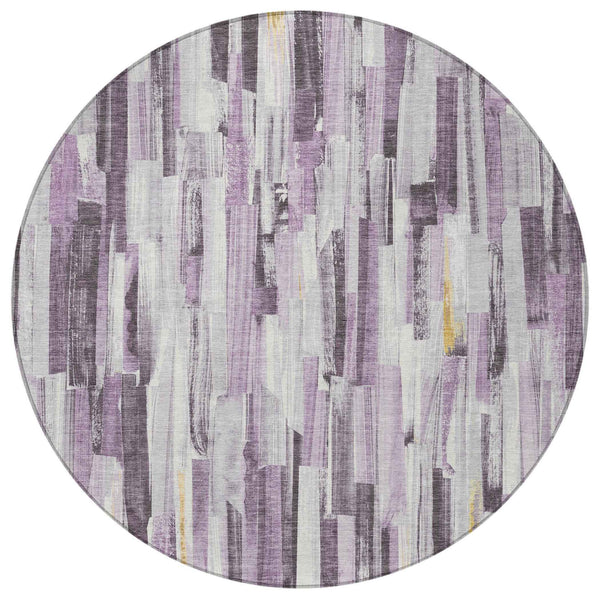 8' Lavender And Ivory Round Striped Washable Indoor Outdoor Area Rug