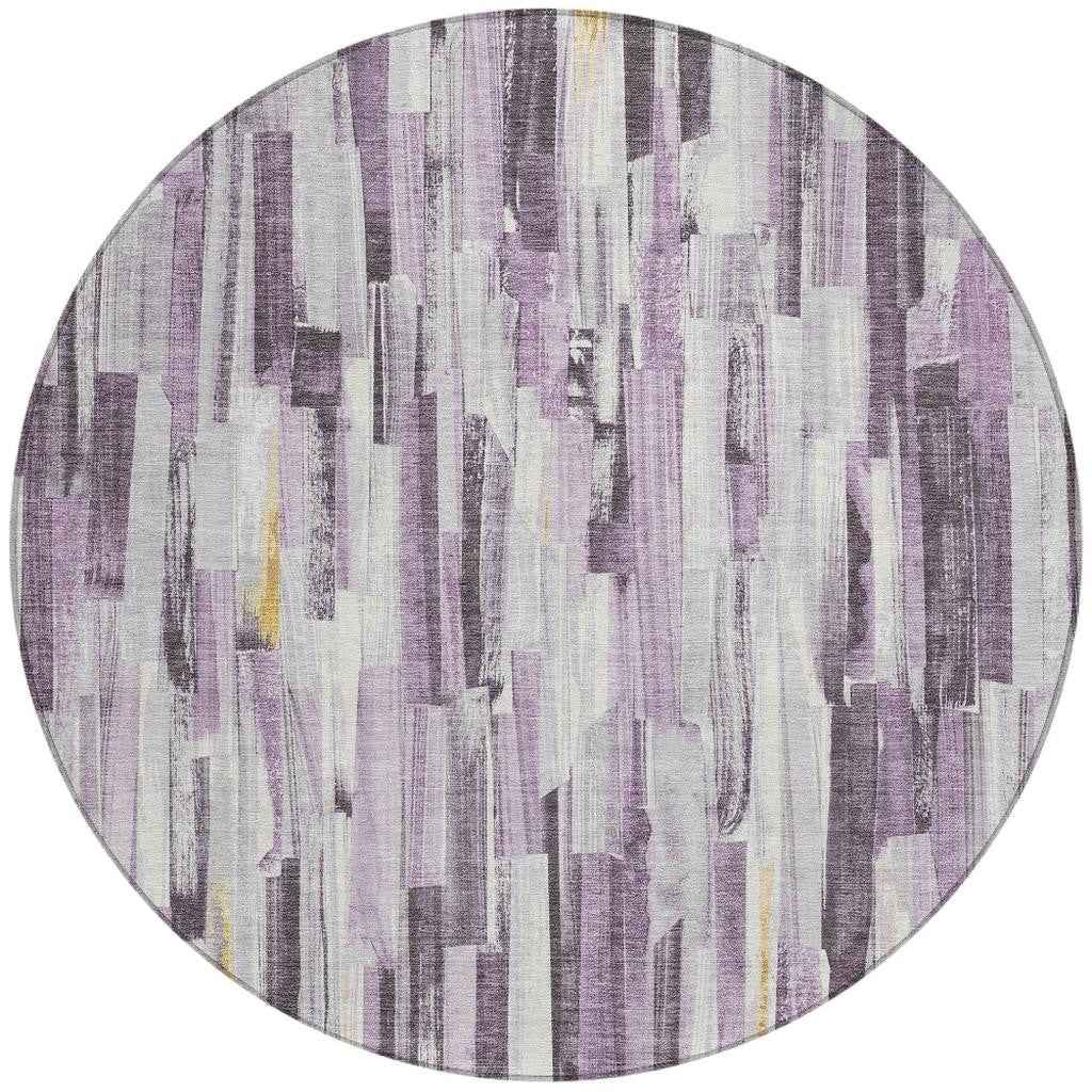 8' Lavender And Ivory Round Striped Washable Indoor Outdoor Area Rug