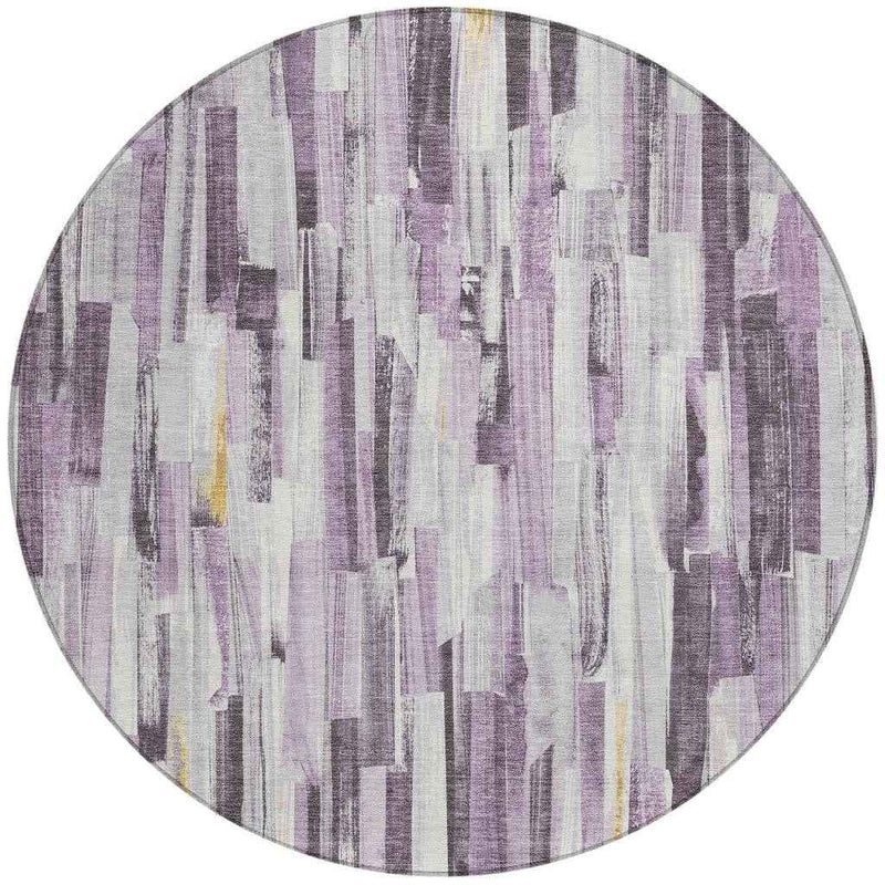 8' Lavender And Ivory Round Striped Washable Indoor Outdoor Area Rug