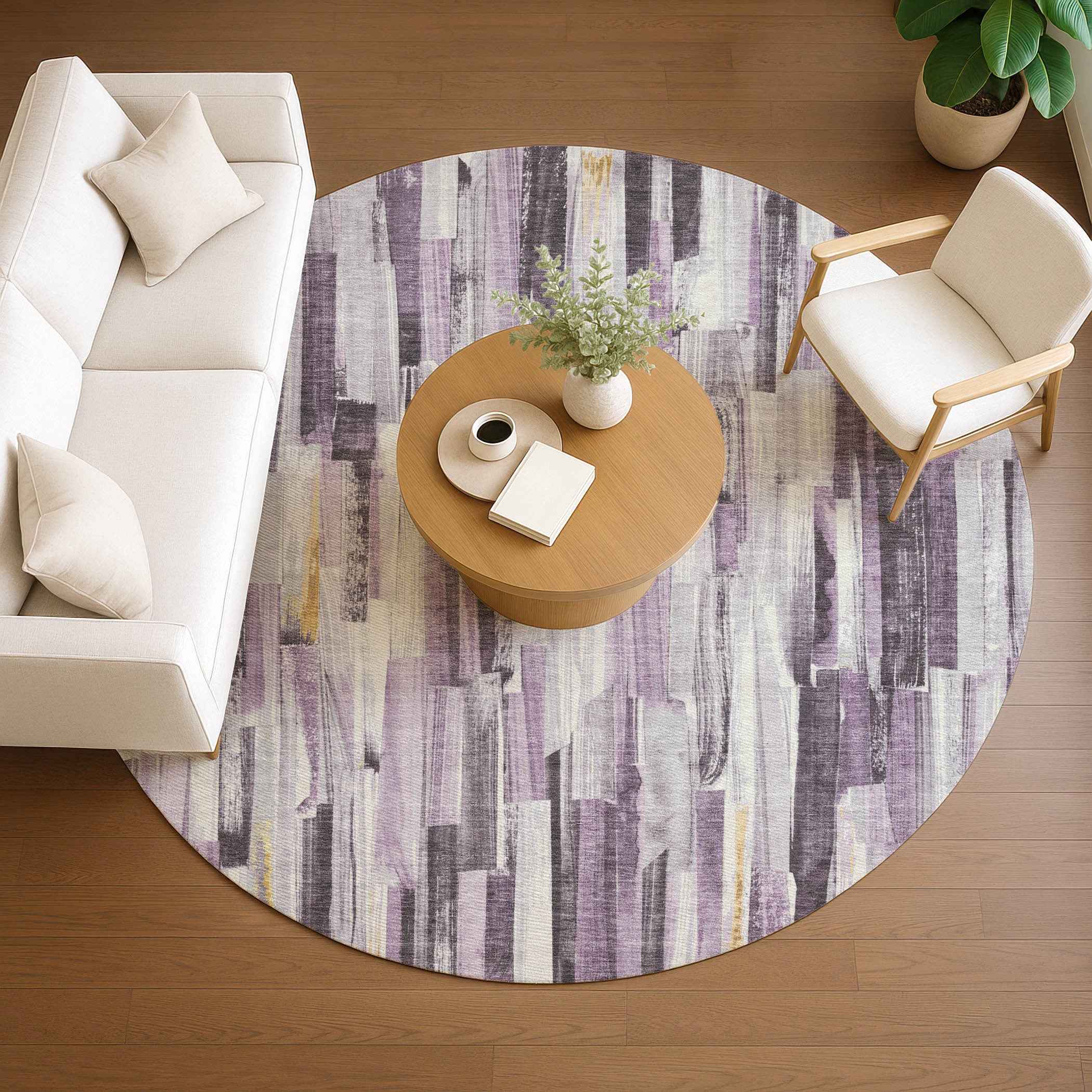 8' Lavender And Ivory Round Striped Washable Indoor Outdoor Area Rug