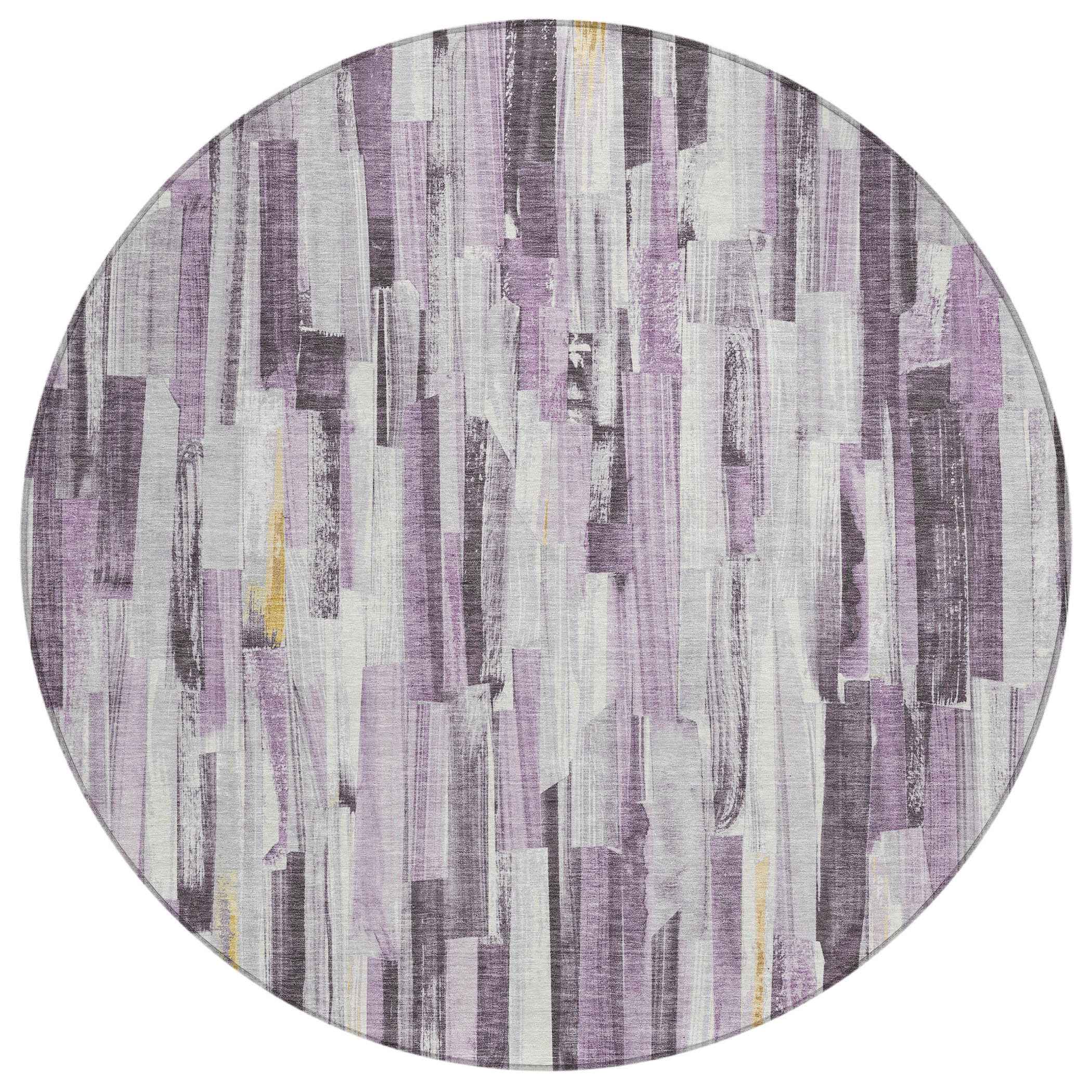8' Lavender And Ivory Round Striped Washable Indoor Outdoor Area Rug
