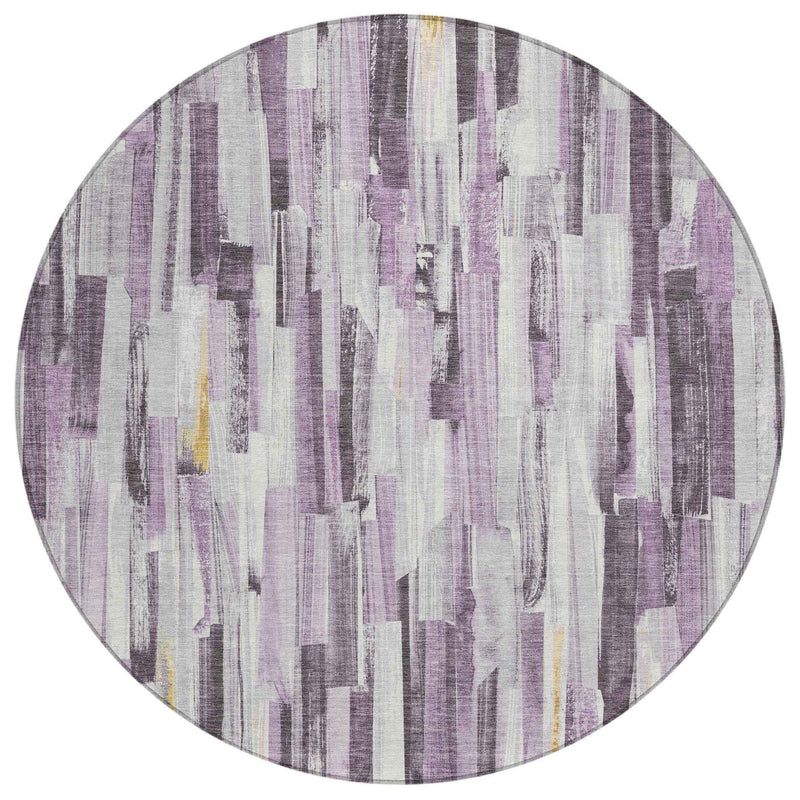 8' Lavender And Ivory Round Striped Washable Indoor Outdoor Area Rug