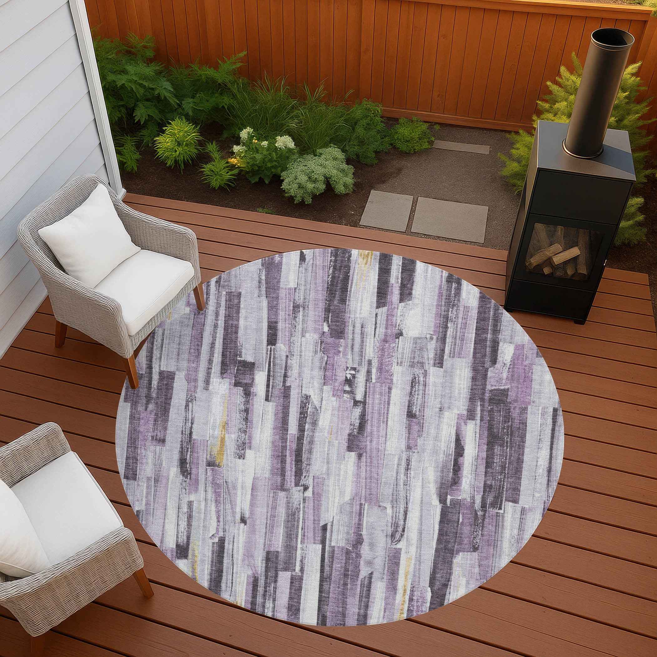 8' Lavender And Ivory Round Striped Washable Indoor Outdoor Area Rug