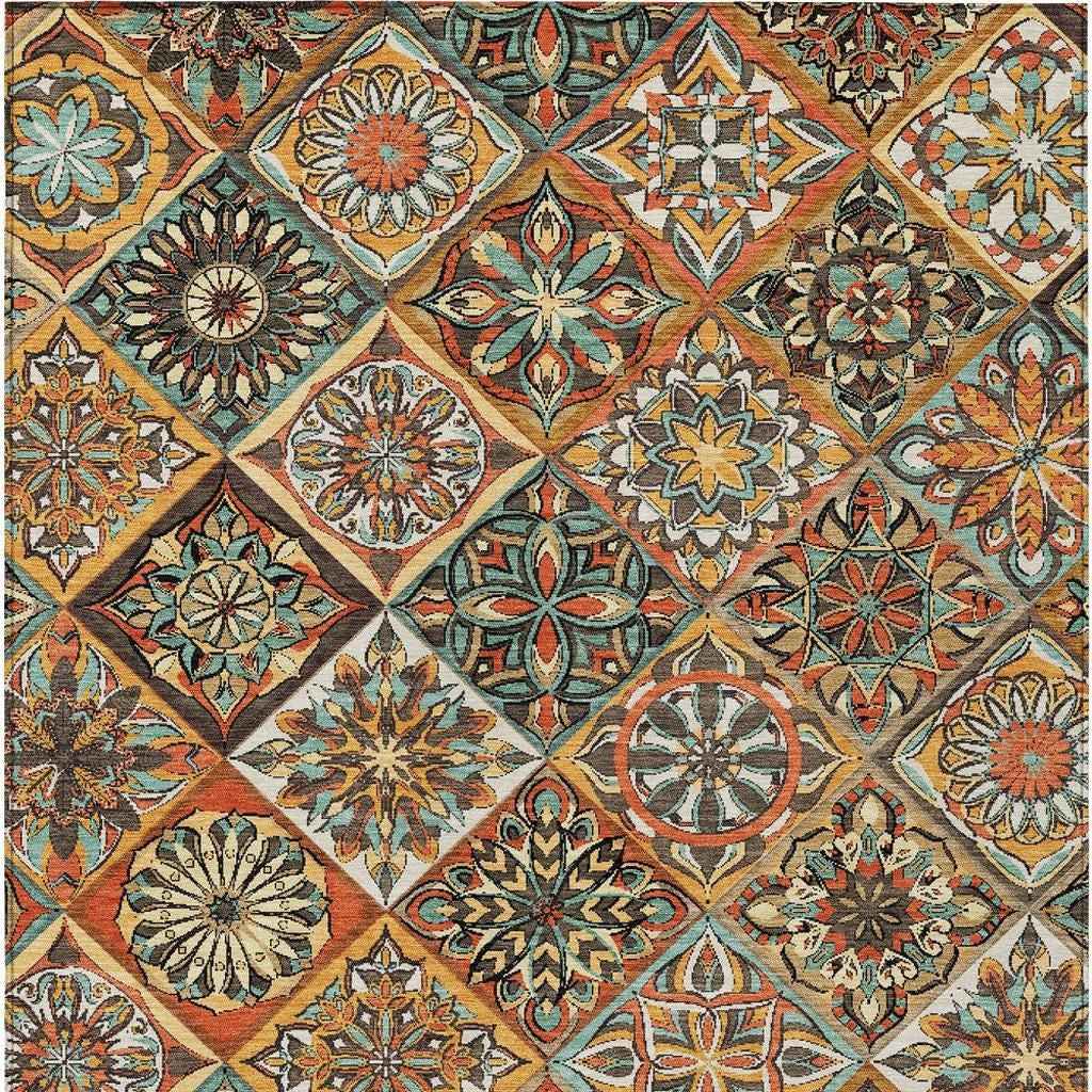 3' X 5' Gold And Orange Patchwork Washable Indoor Outdoor Area Rug