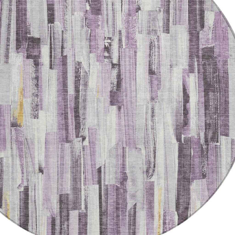 8' Lavender And Ivory Round Striped Washable Indoor Outdoor Area Rug
