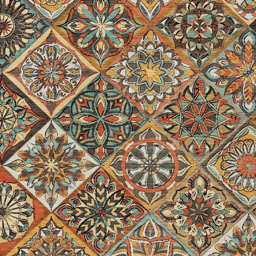 3' X 5' Gold And Orange Patchwork Washable Indoor Outdoor Area Rug