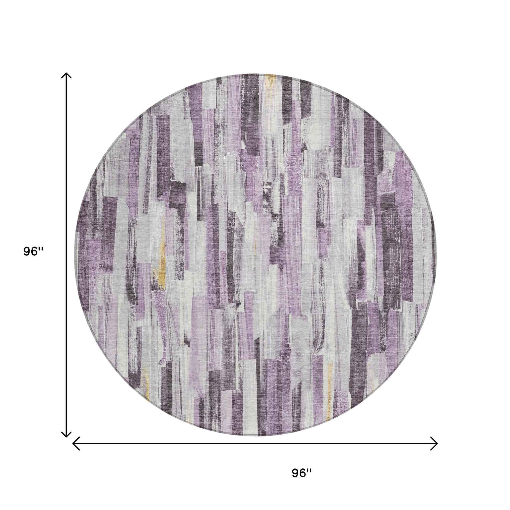 8' Lavender And Ivory Round Striped Washable Indoor Outdoor Area Rug
