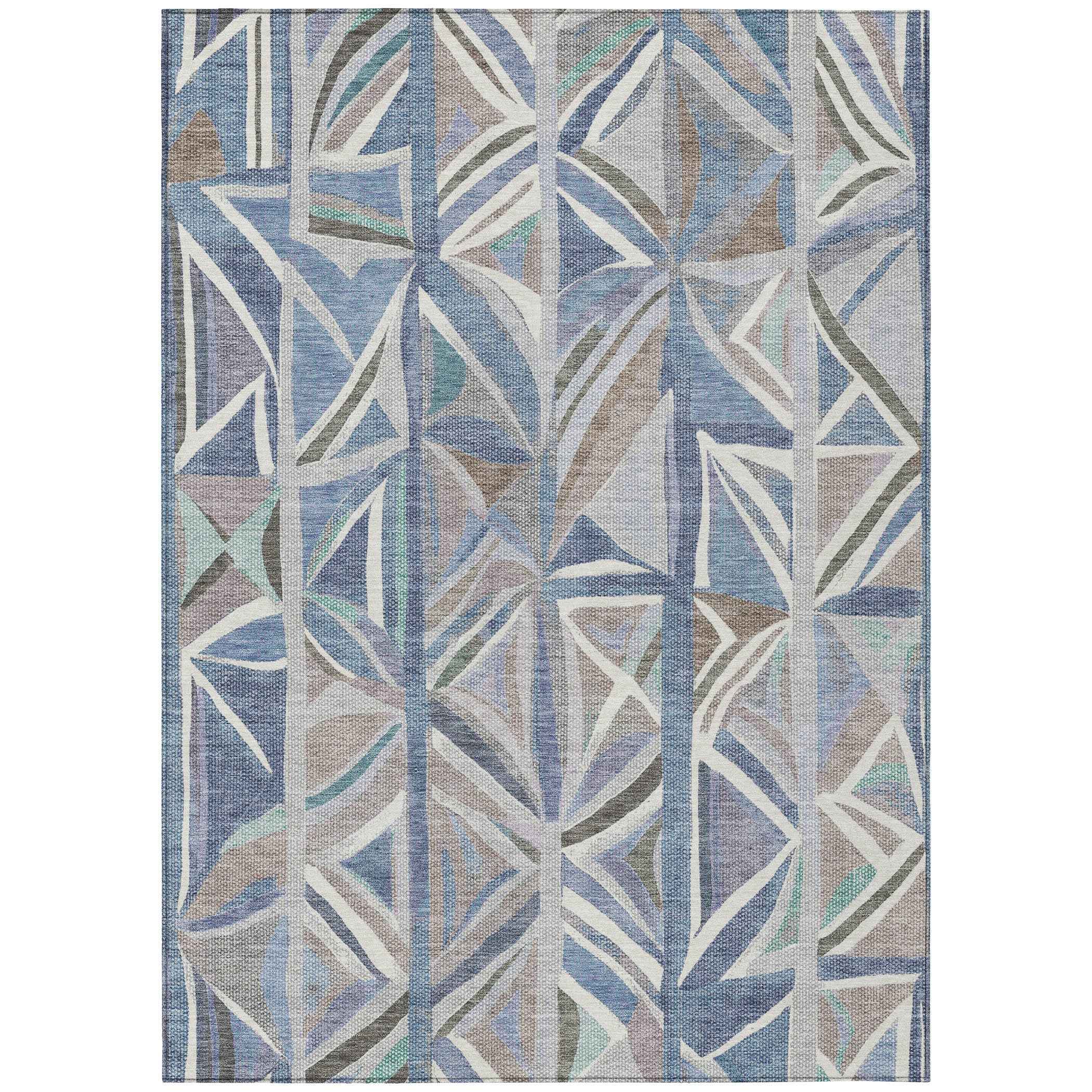 3' X 5' Denim Blue And Ivory Geometric Washable Indoor Outdoor Area Rug