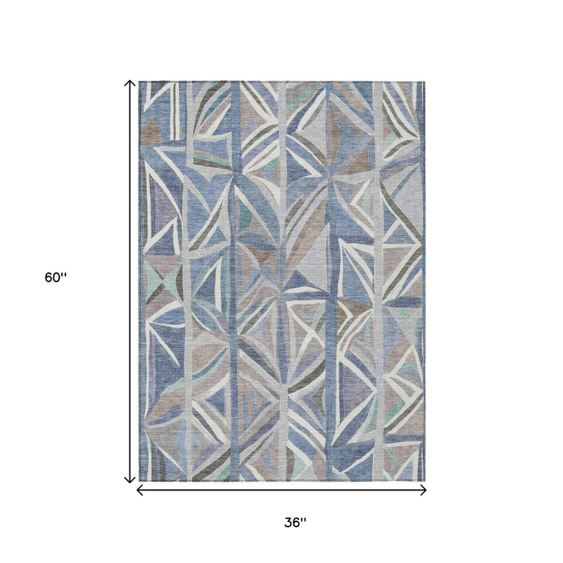 3' X 5' Denim Blue And Ivory Geometric Washable Indoor Outdoor Area Rug