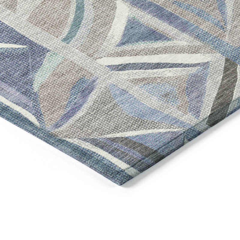 3' X 5' Denim Blue And Ivory Geometric Washable Indoor Outdoor Area Rug