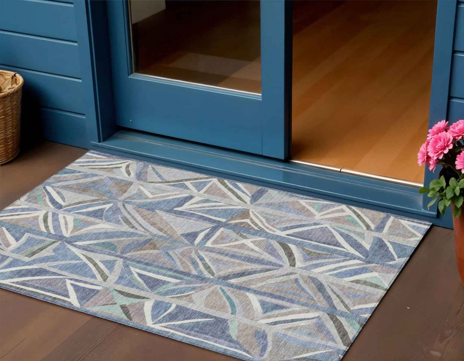 3' X 5' Denim Blue And Ivory Geometric Washable Indoor Outdoor Area Rug