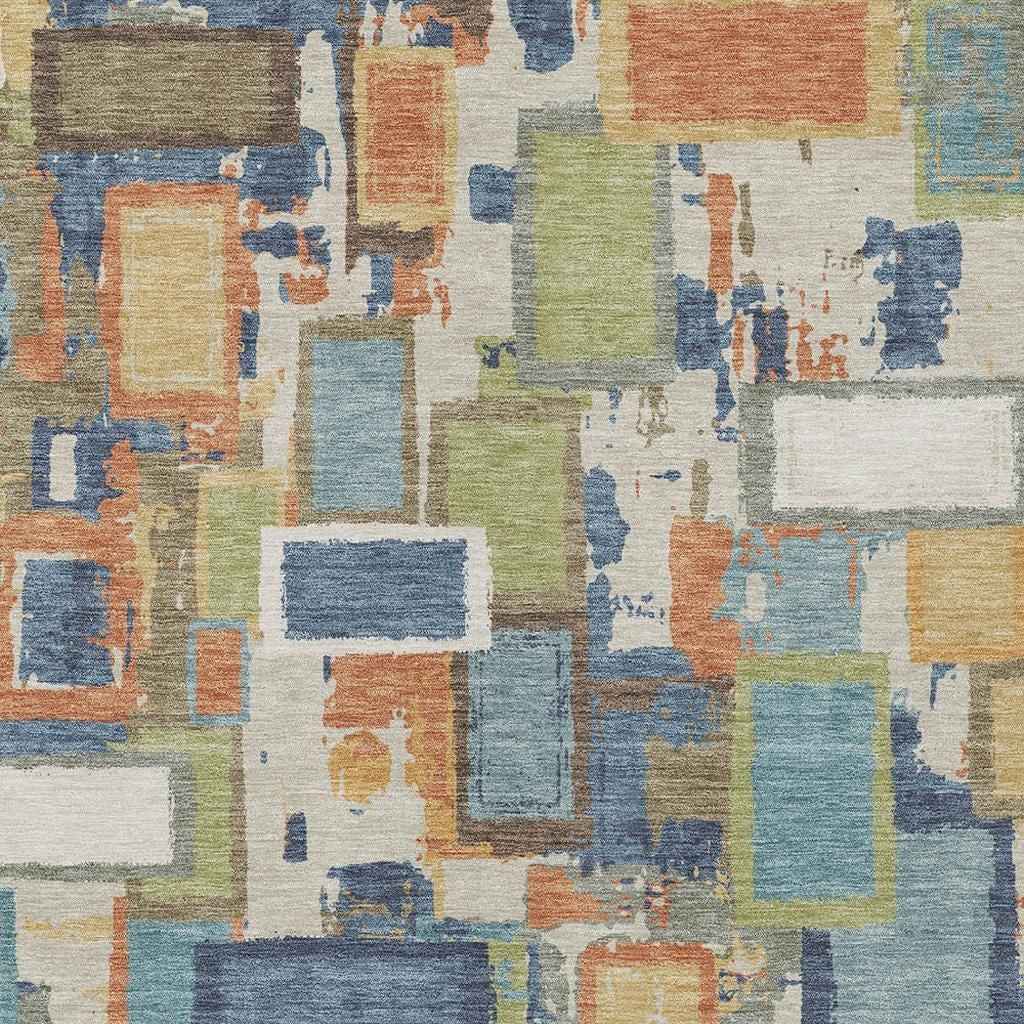 8' X 10' Denim Blue Copper And Green Geometric Washable Indoor Outdoor Area Rug