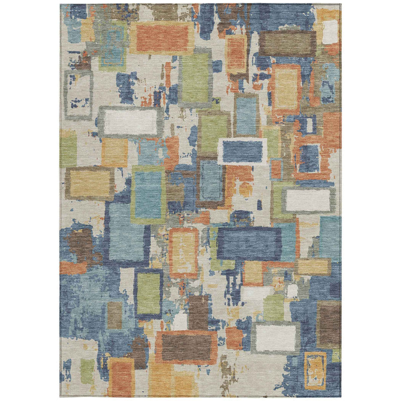 8' X 10' Denim Blue Copper And Green Geometric Washable Indoor Outdoor Area Rug