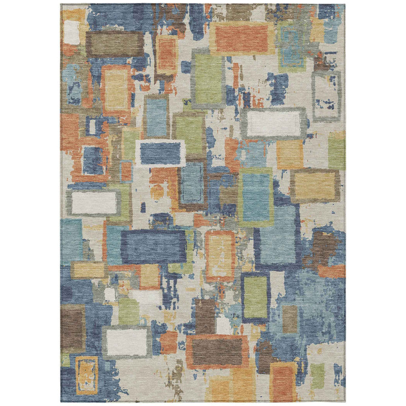 8' X 10' Denim Blue Copper And Green Geometric Washable Indoor Outdoor Area Rug