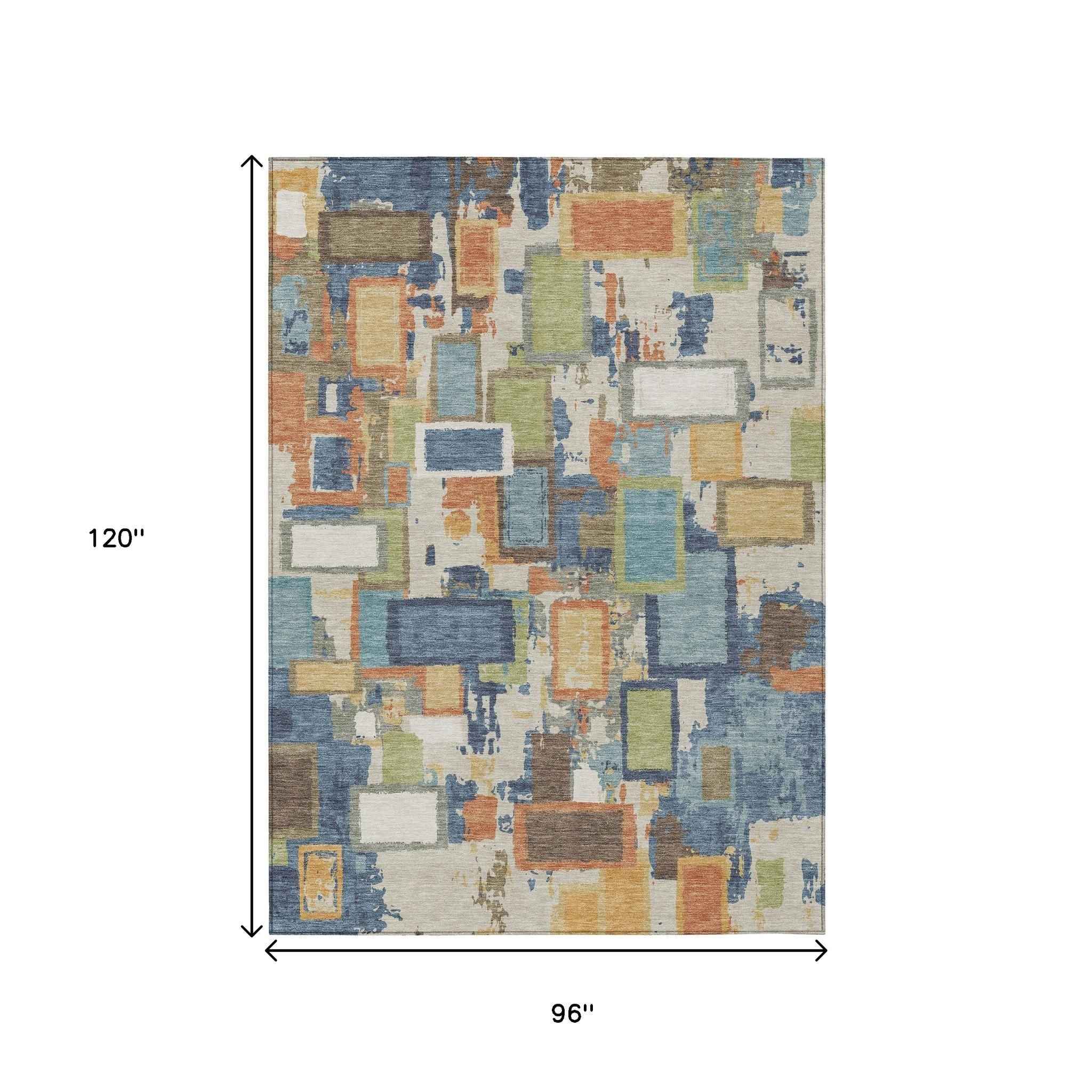 8' X 10' Denim Blue Copper And Green Geometric Washable Indoor Outdoor Area Rug