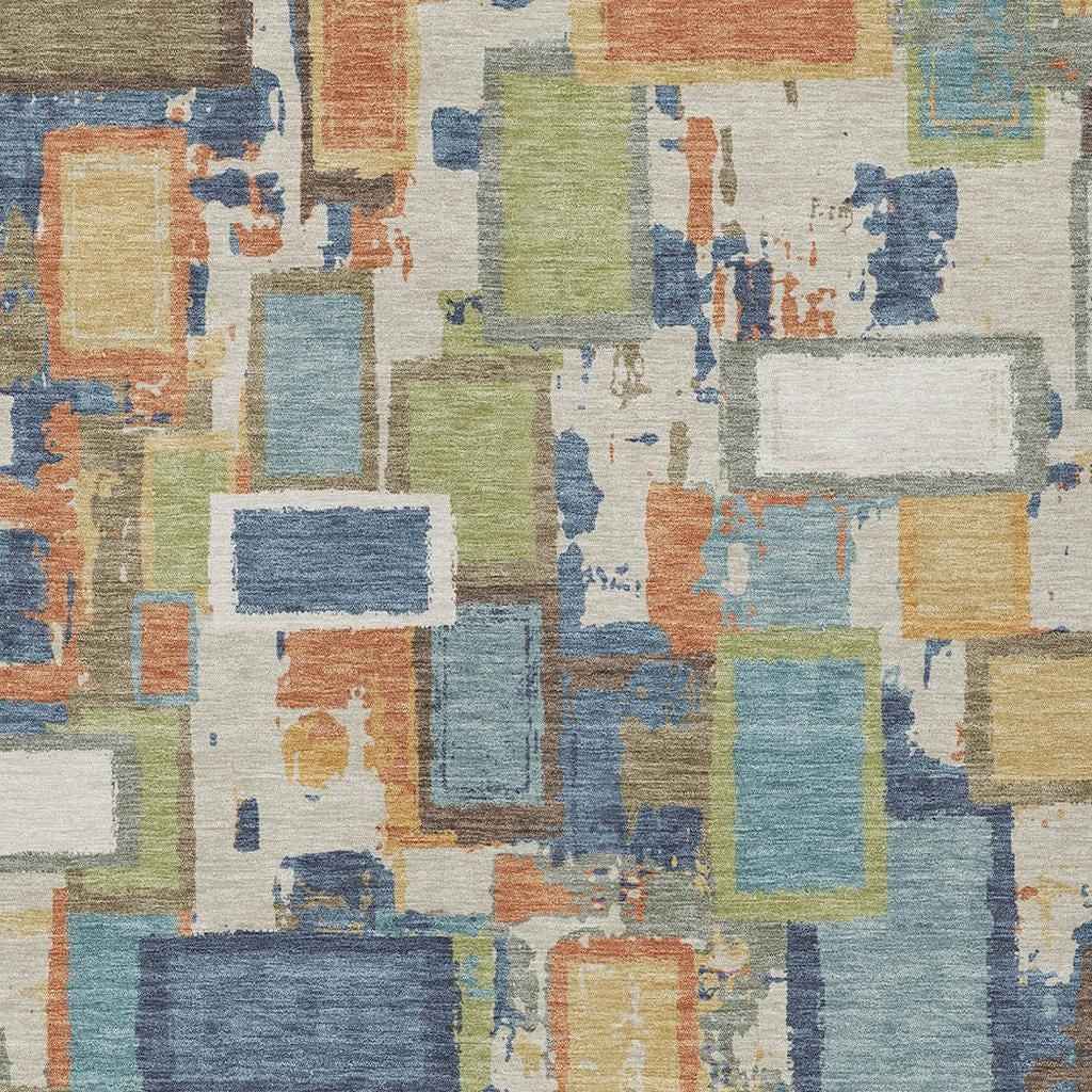 8' X 10' Denim Blue Copper And Green Geometric Washable Indoor Outdoor Area Rug