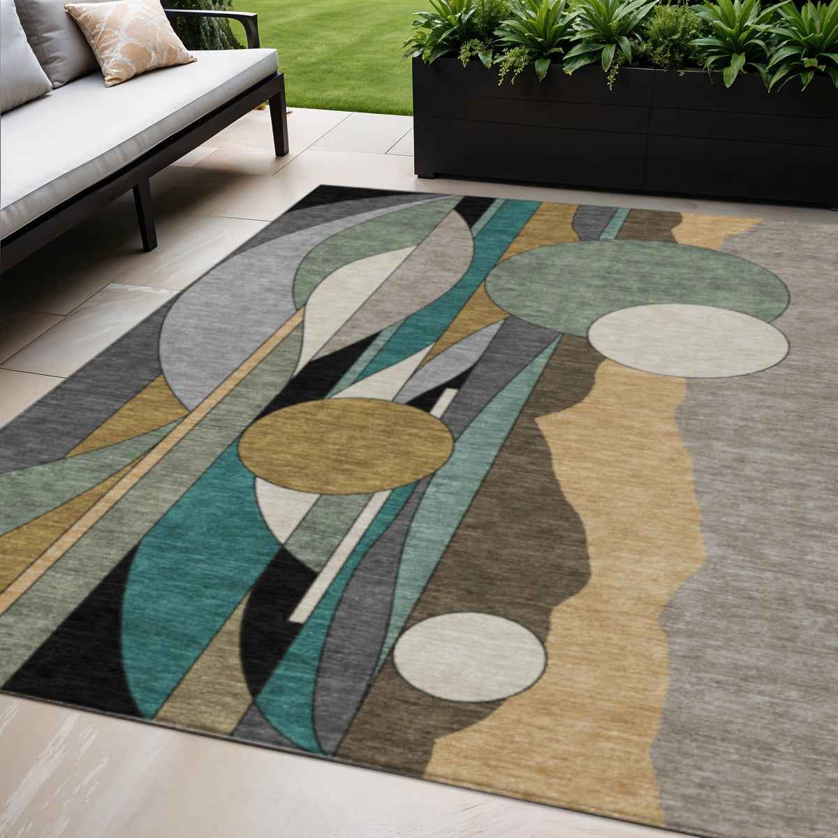 5' X 8' Taupe Ivory And Gold Geometric Washable Indoor Outdoor Area Rug