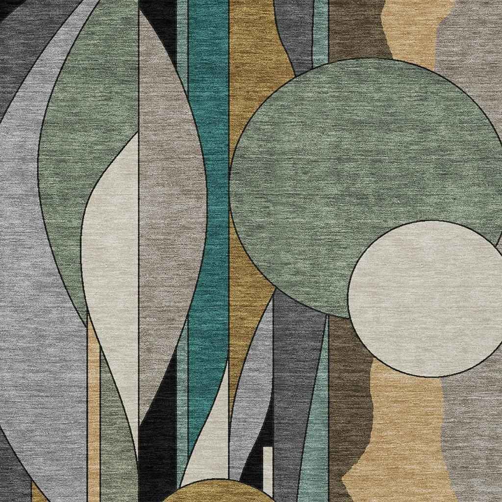 5' X 8' Taupe Ivory And Gold Geometric Washable Indoor Outdoor Area Rug