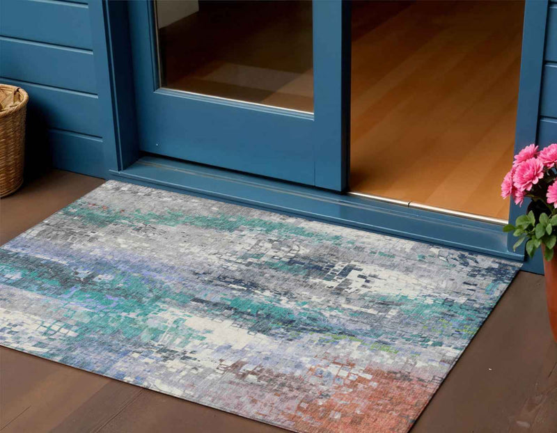 3' X 5' Teal Blue Ivory Gray And Copper Abstract Washable Indoor Outdoor Area Rug