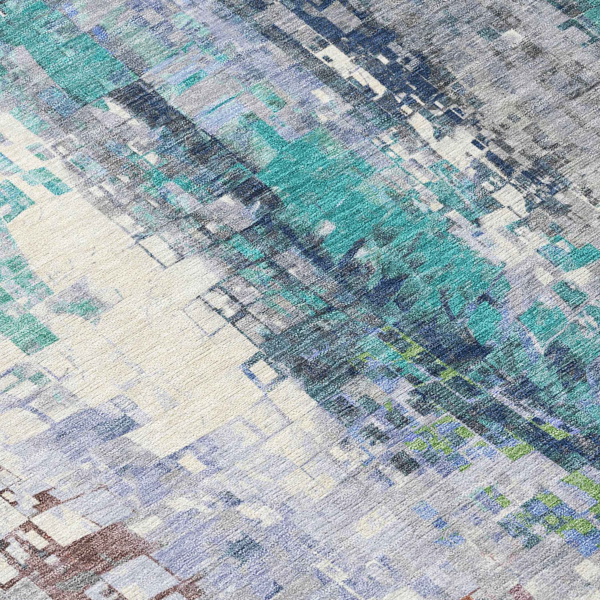 3' X 5' Teal Blue Ivory Gray And Copper Abstract Washable Indoor Outdoor Area Rug