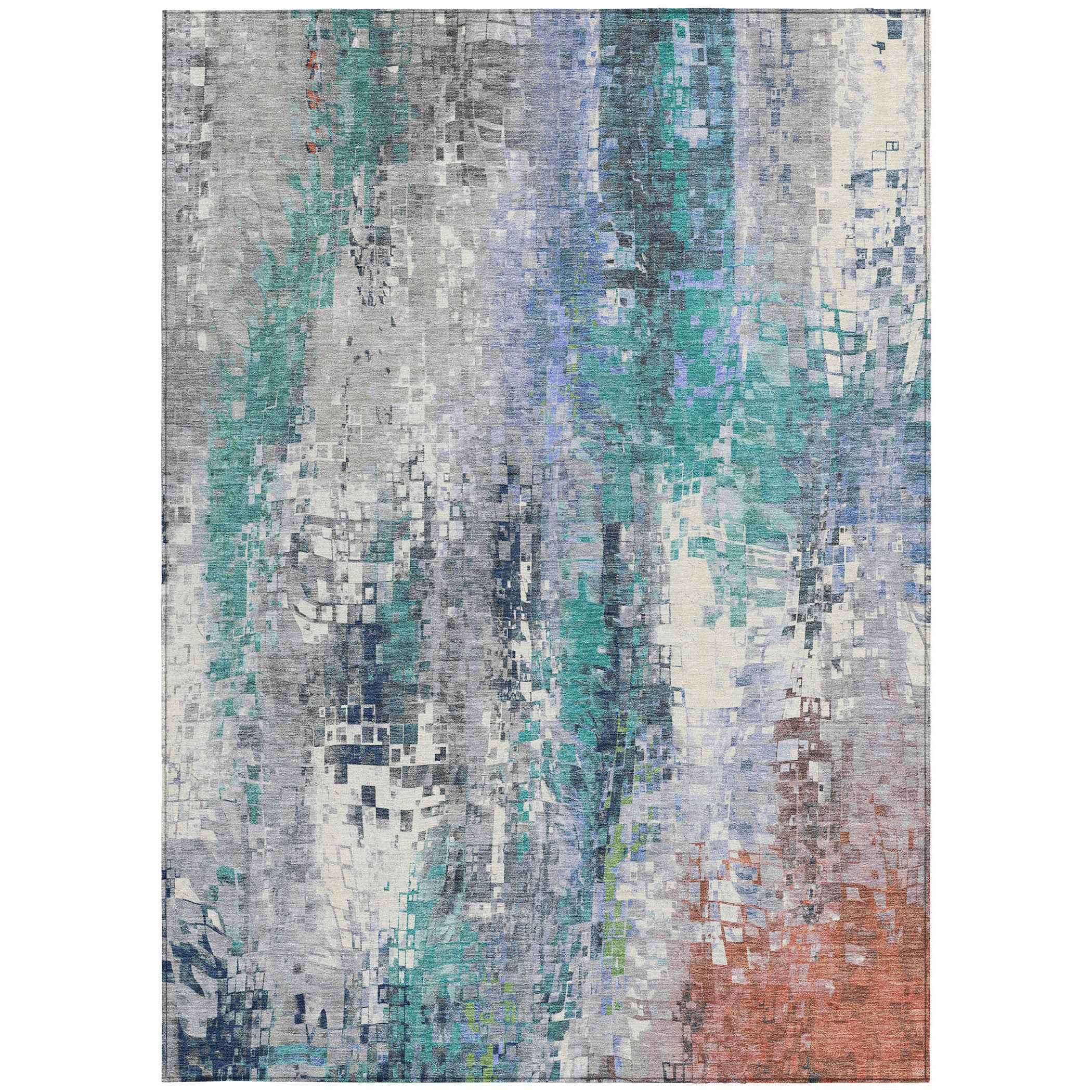 3' X 5' Teal Blue Ivory Gray And Copper Abstract Washable Indoor Outdoor Area Rug