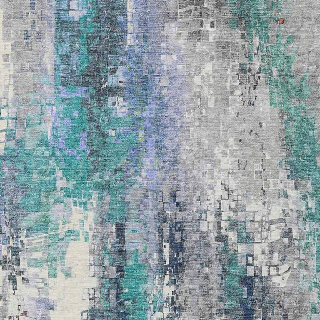 3' X 5' Teal Blue Ivory Gray And Copper Abstract Washable Indoor Outdoor Area Rug