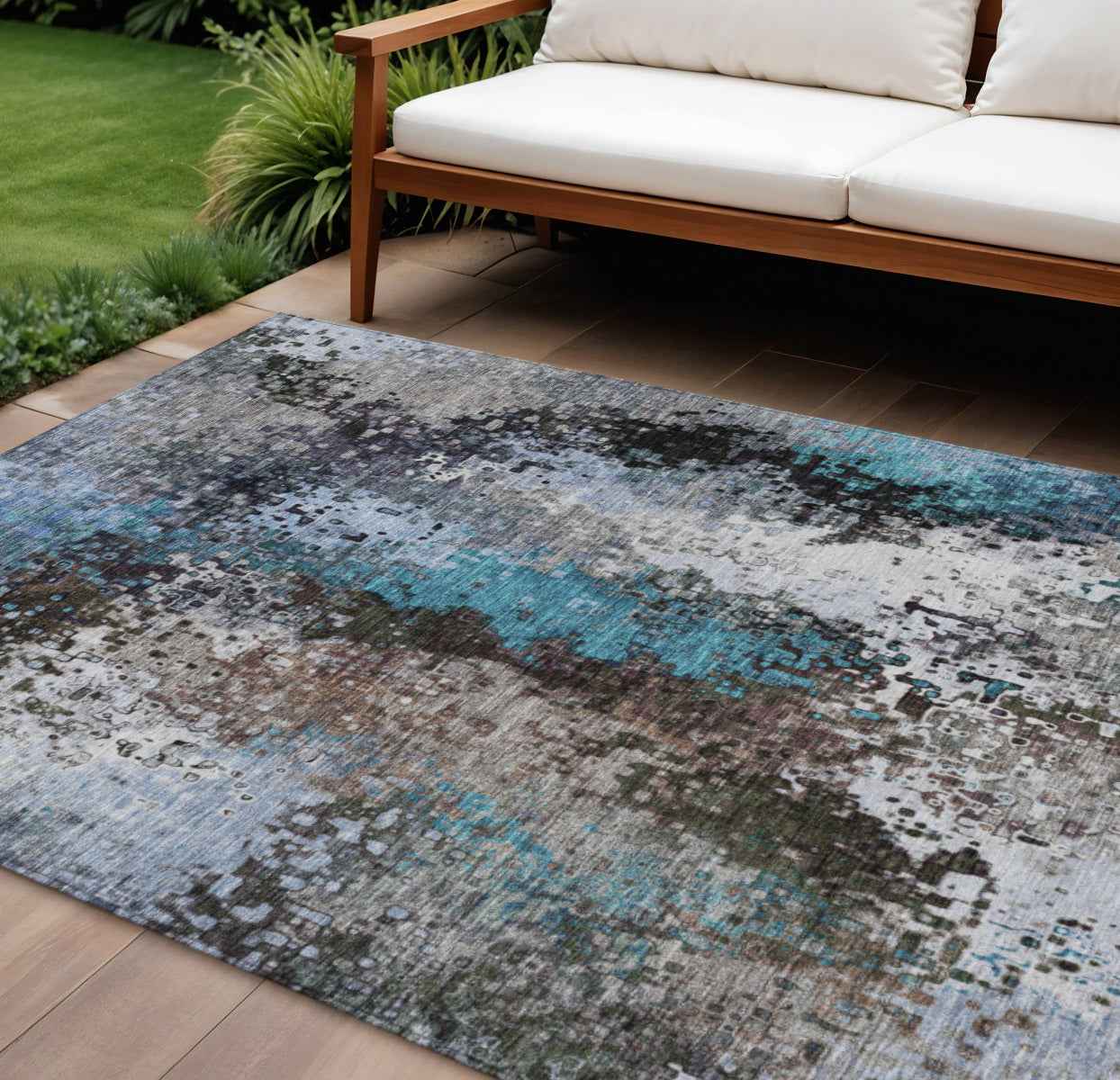 9' X 12' Khaki Ivory And Blue Abstract Washable Indoor Outdoor Area Rug
