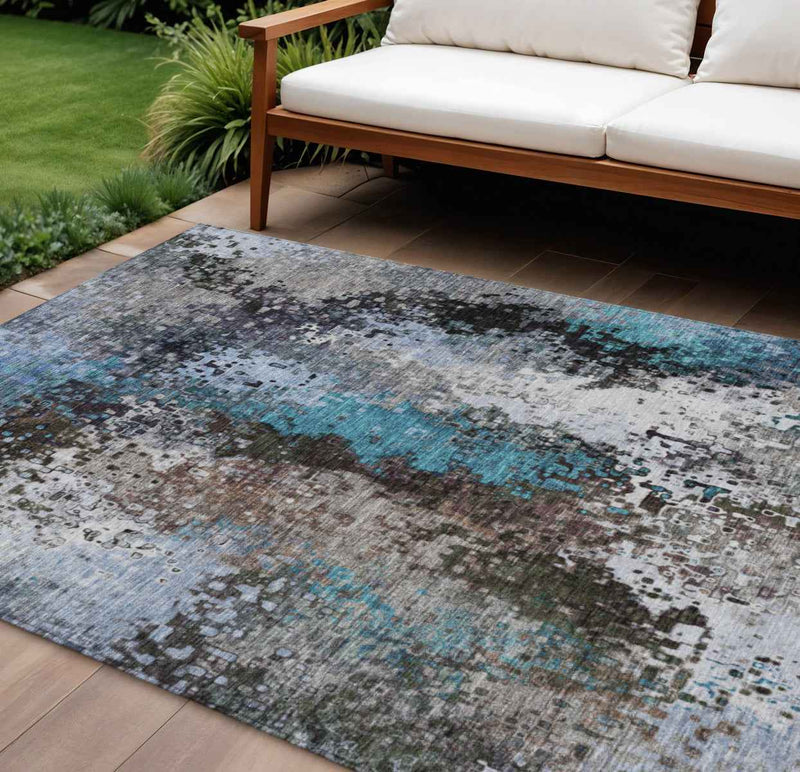 9' X 12' Khaki Ivory And Blue Abstract Washable Indoor Outdoor Area Rug