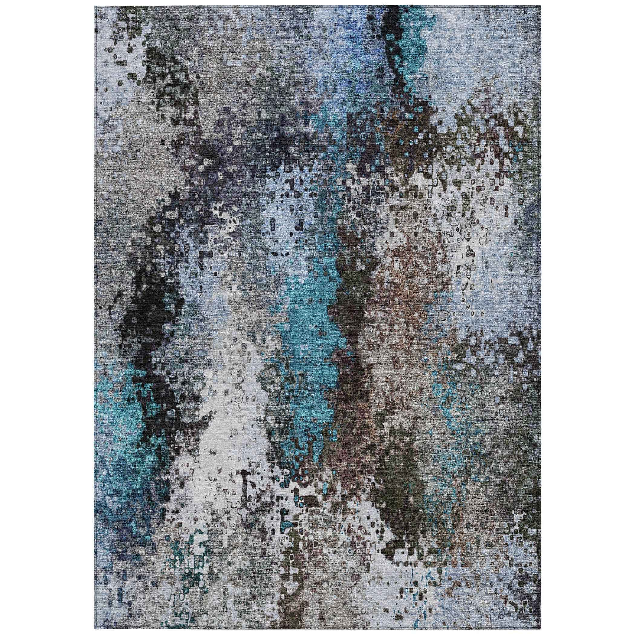 9' X 12' Khaki Ivory And Blue Abstract Washable Indoor Outdoor Area Rug