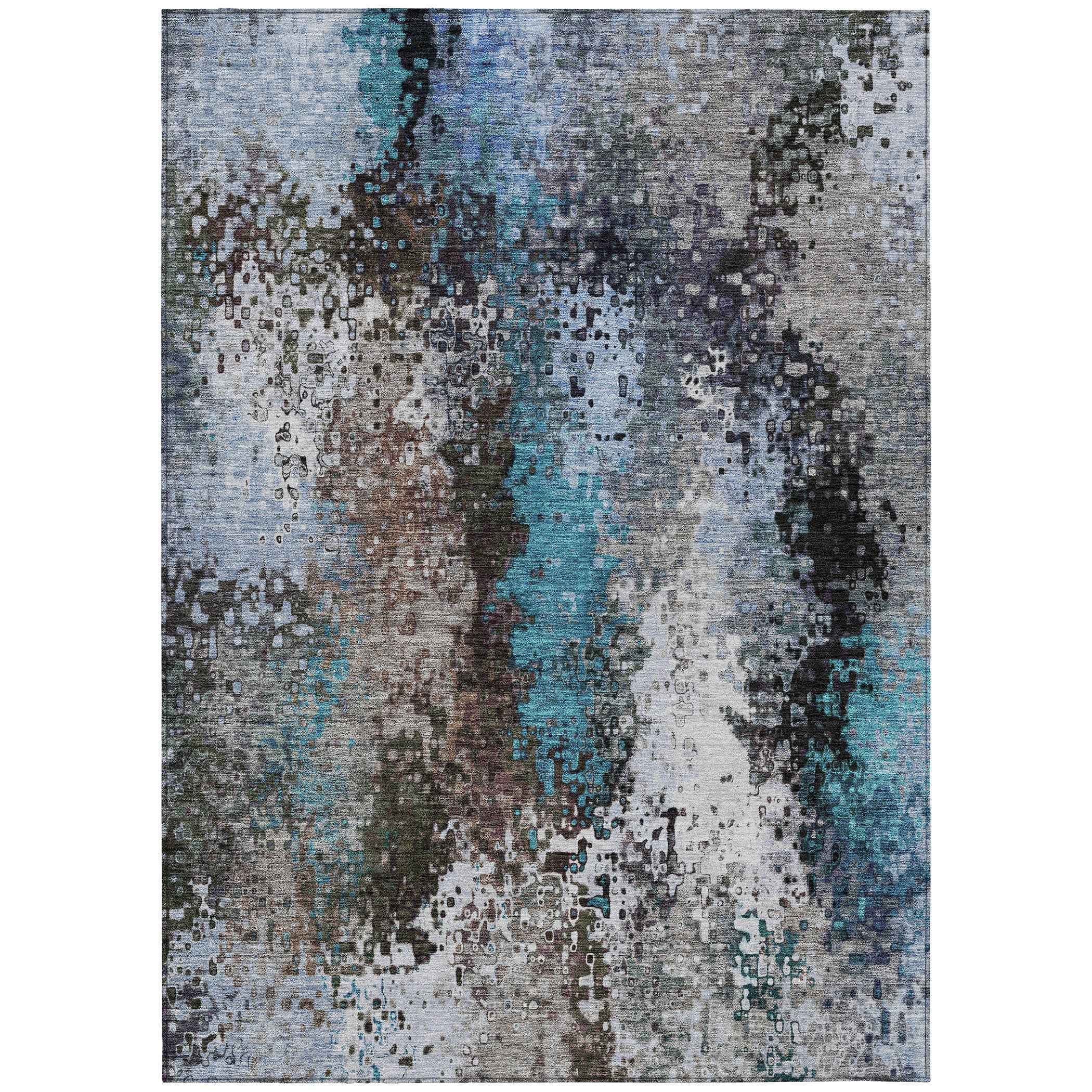 9' X 12' Khaki Ivory And Blue Abstract Washable Indoor Outdoor Area Rug
