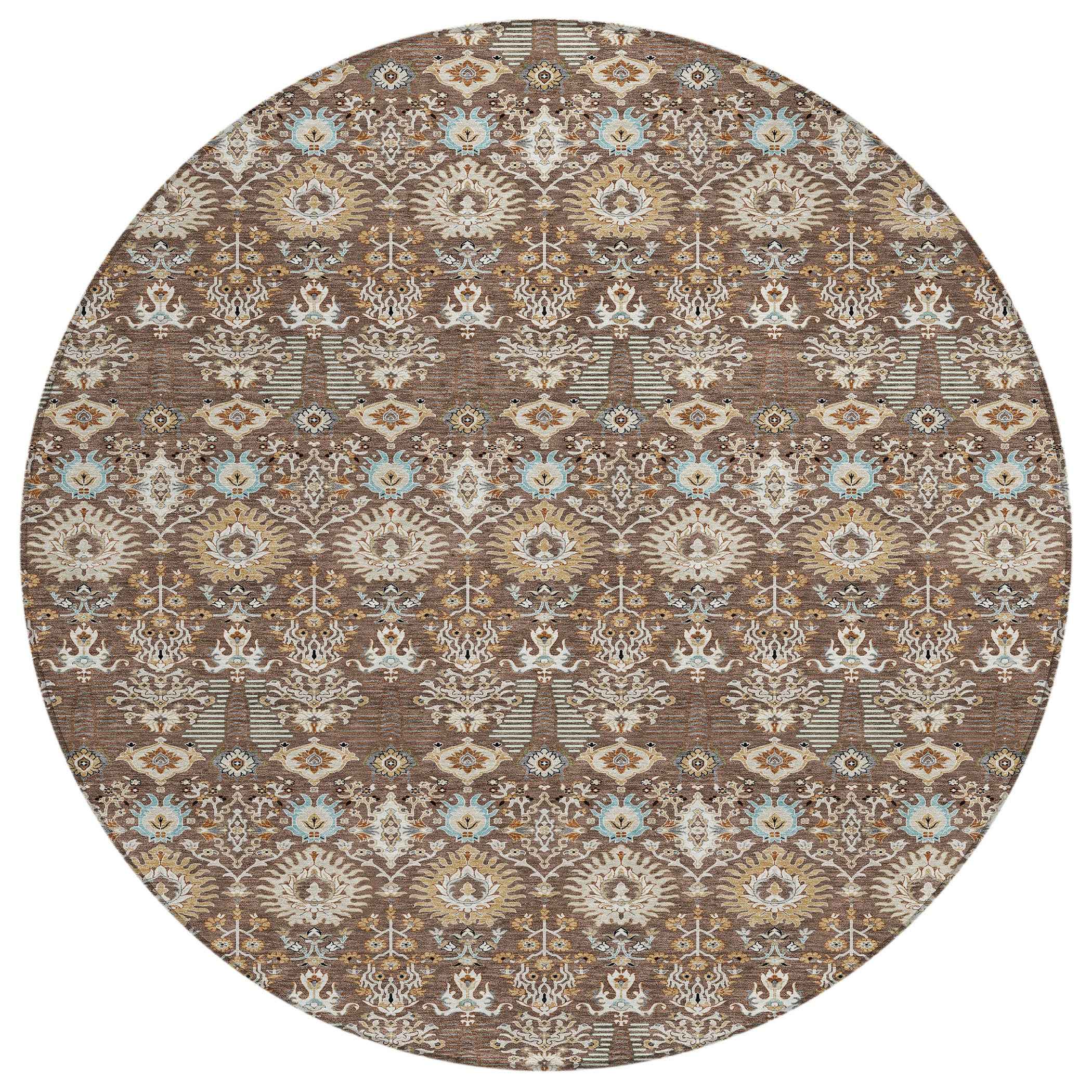 8' Brown And Beige Round Floral Washable Indoor Outdoor Area Rug