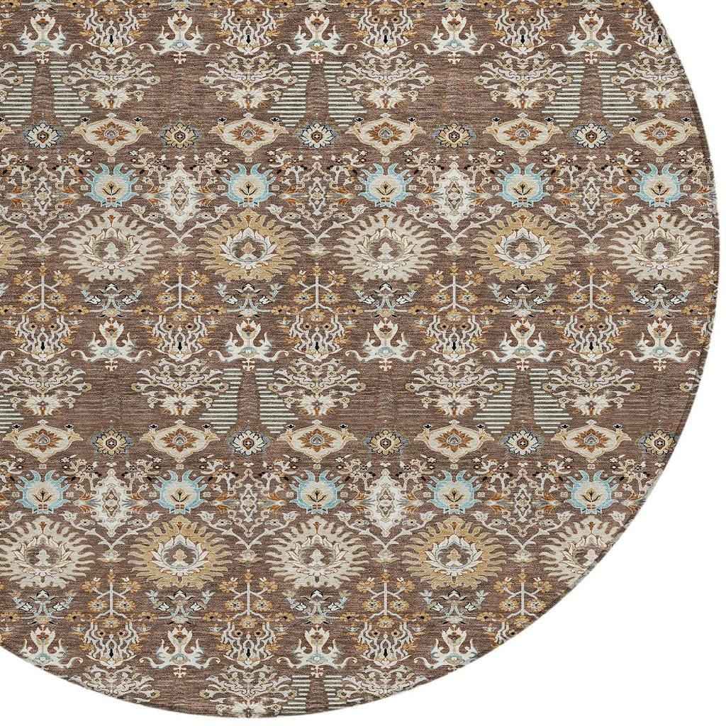 8' Brown And Beige Round Floral Washable Indoor Outdoor Area Rug