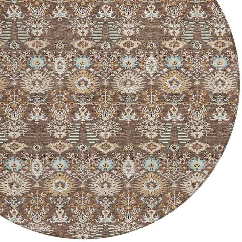 8' Brown And Beige Round Floral Washable Indoor Outdoor Area Rug