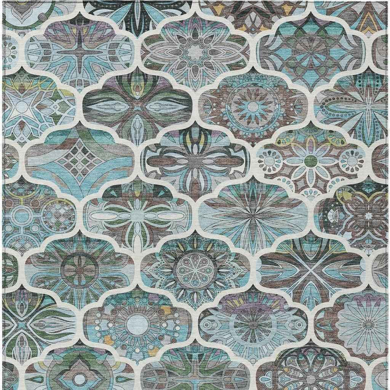 10' X 14' Teal Blue And Ivory Quatrefoil Washable Indoor Outdoor Area Rug