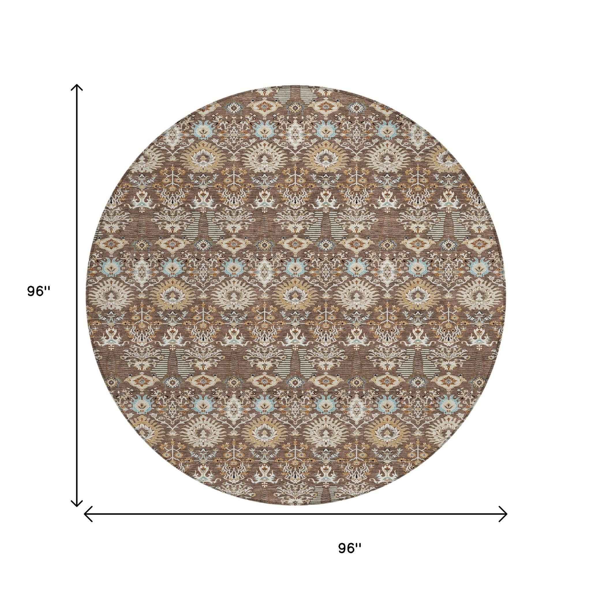 8' Brown And Beige Round Floral Washable Indoor Outdoor Area Rug