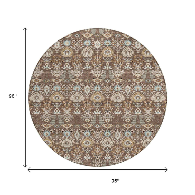 8' Brown And Beige Round Floral Washable Indoor Outdoor Area Rug