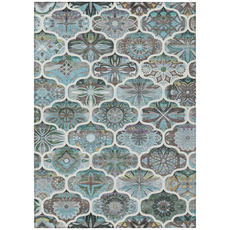 10' X 14' Teal Blue And Ivory Quatrefoil Washable Indoor Outdoor Area Rug