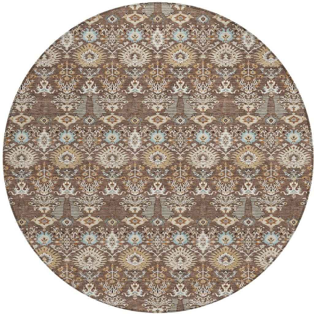 8' Brown And Beige Round Floral Washable Indoor Outdoor Area Rug