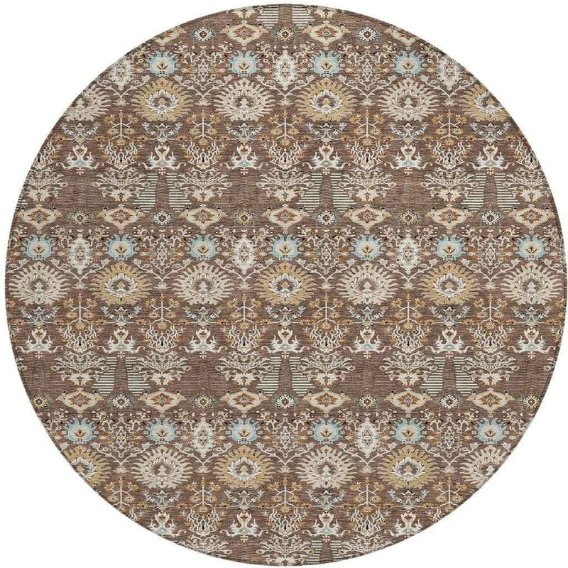 8' Brown And Beige Round Floral Washable Indoor Outdoor Area Rug