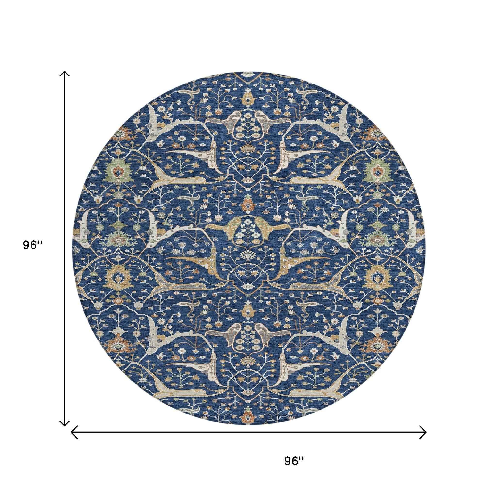 8' Navy Blue Ivory And Gold Round Floral Washable Indoor Outdoor Area Rug