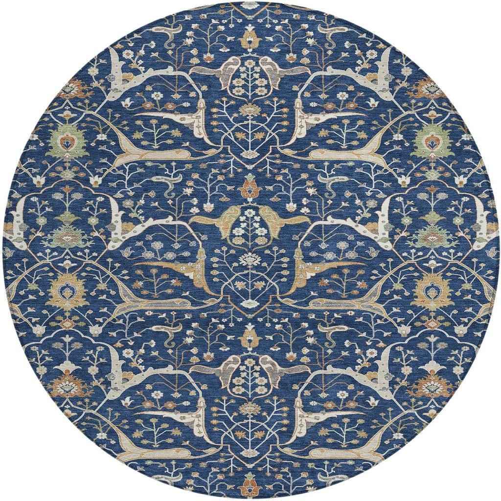 8' Navy Blue Ivory And Gold Round Floral Washable Indoor Outdoor Area Rug
