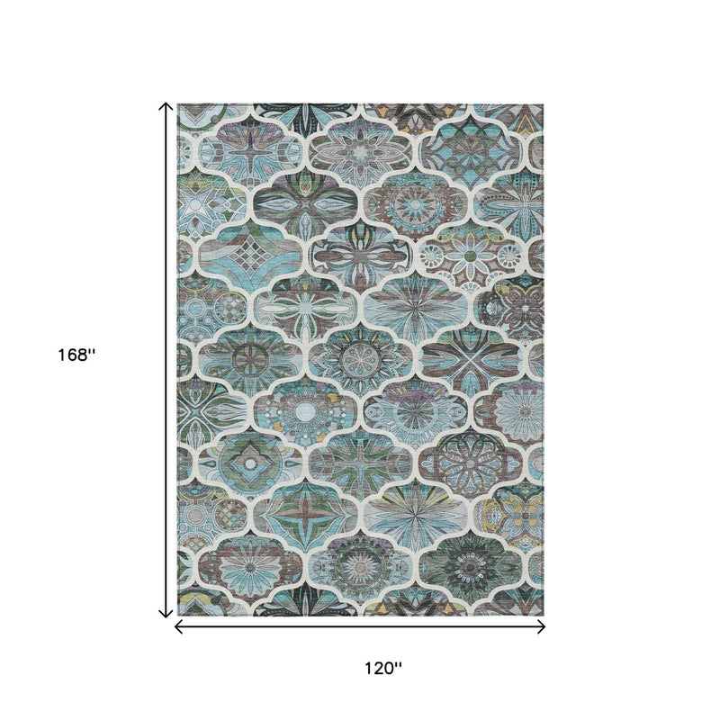 10' X 14' Teal Blue And Ivory Quatrefoil Washable Indoor Outdoor Area Rug