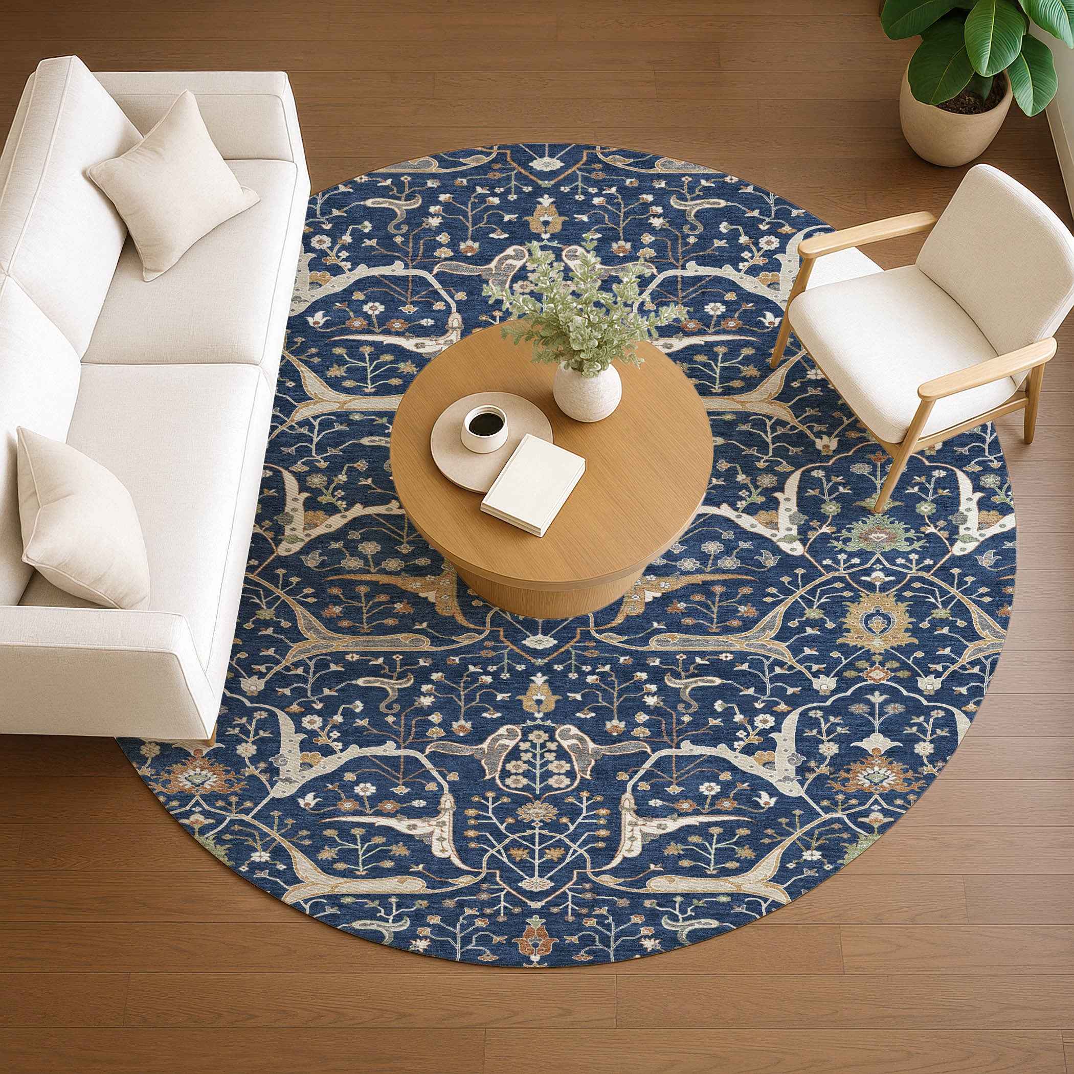 8' Navy Blue Ivory And Gold Round Floral Washable Indoor Outdoor Area Rug