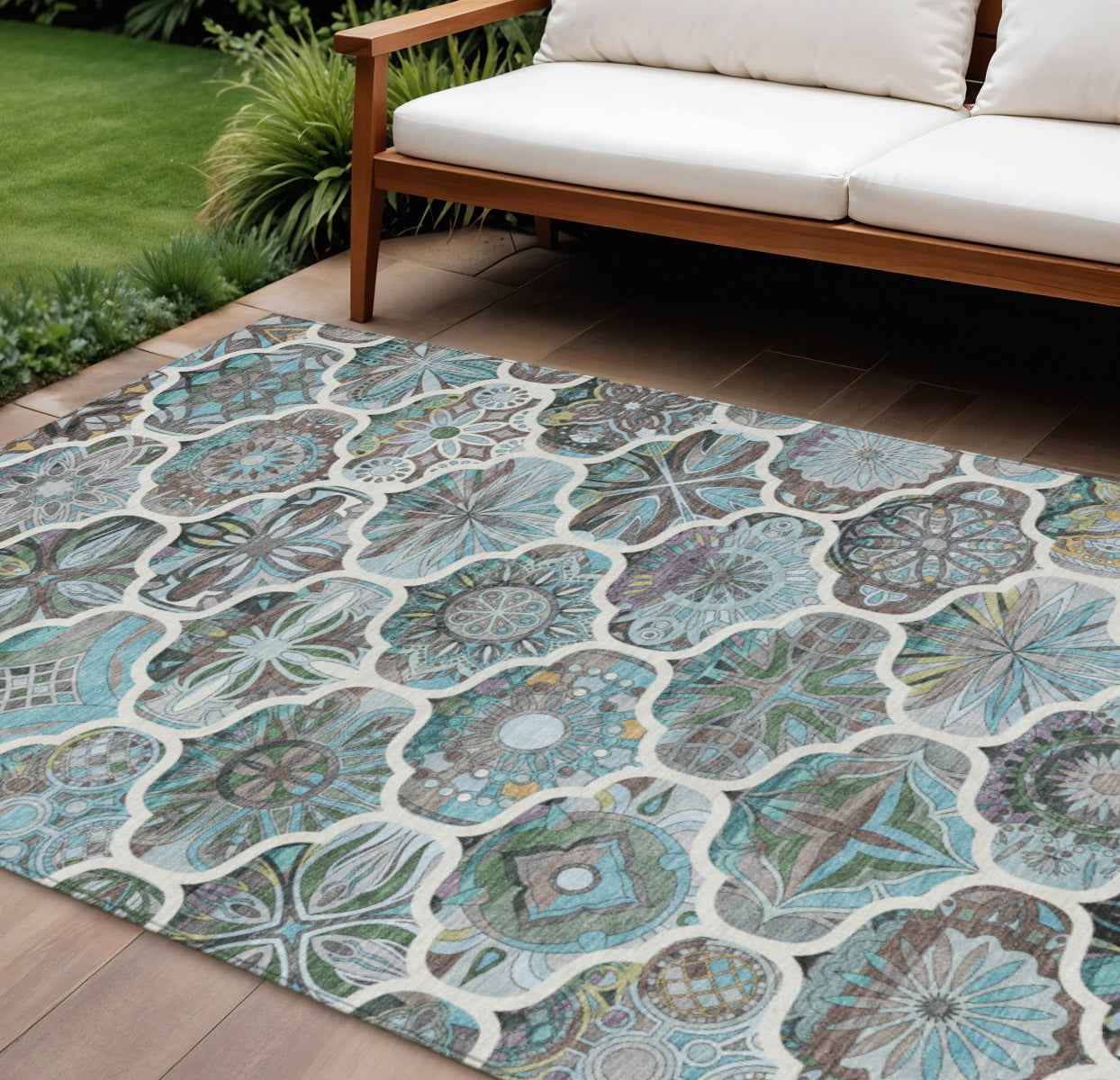 10' X 14' Teal Blue And Ivory Quatrefoil Washable Indoor Outdoor Area Rug