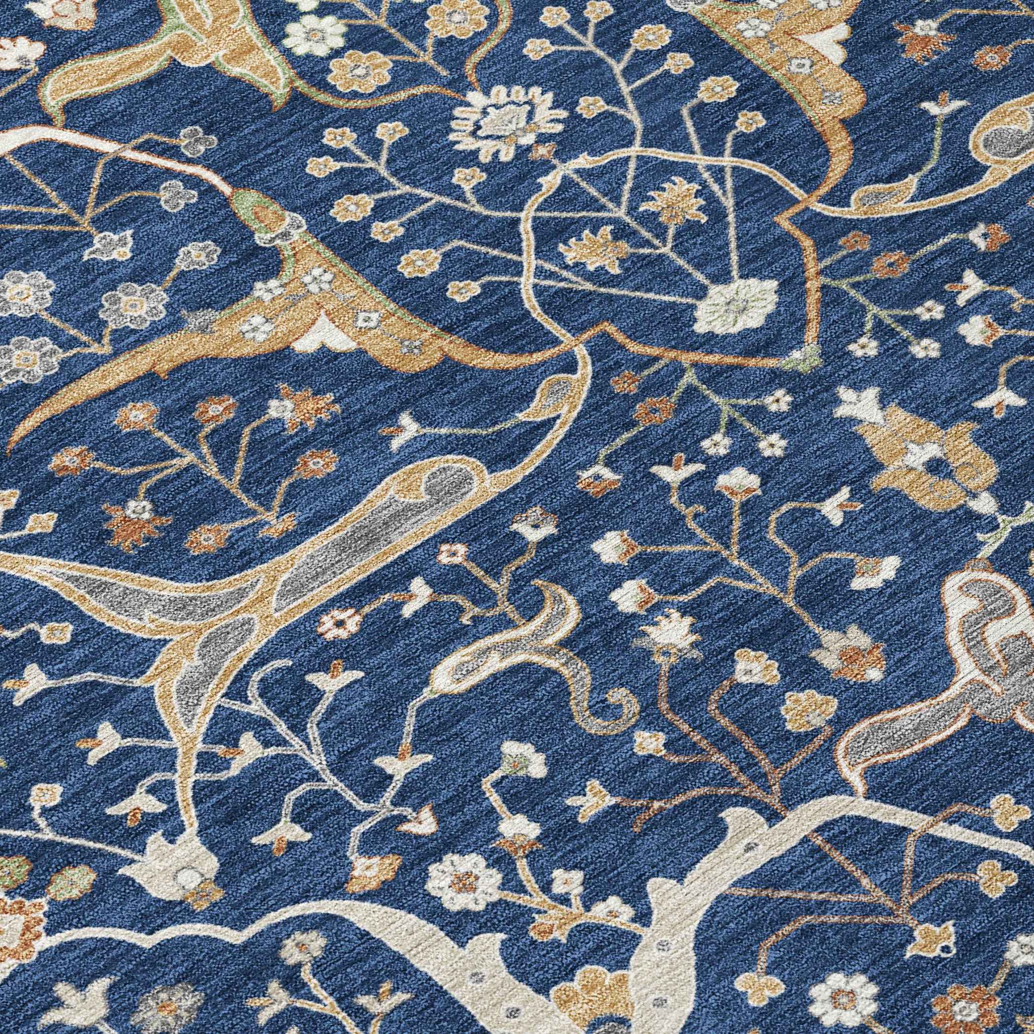 8' Navy Blue Ivory And Gold Round Floral Washable Indoor Outdoor Area Rug